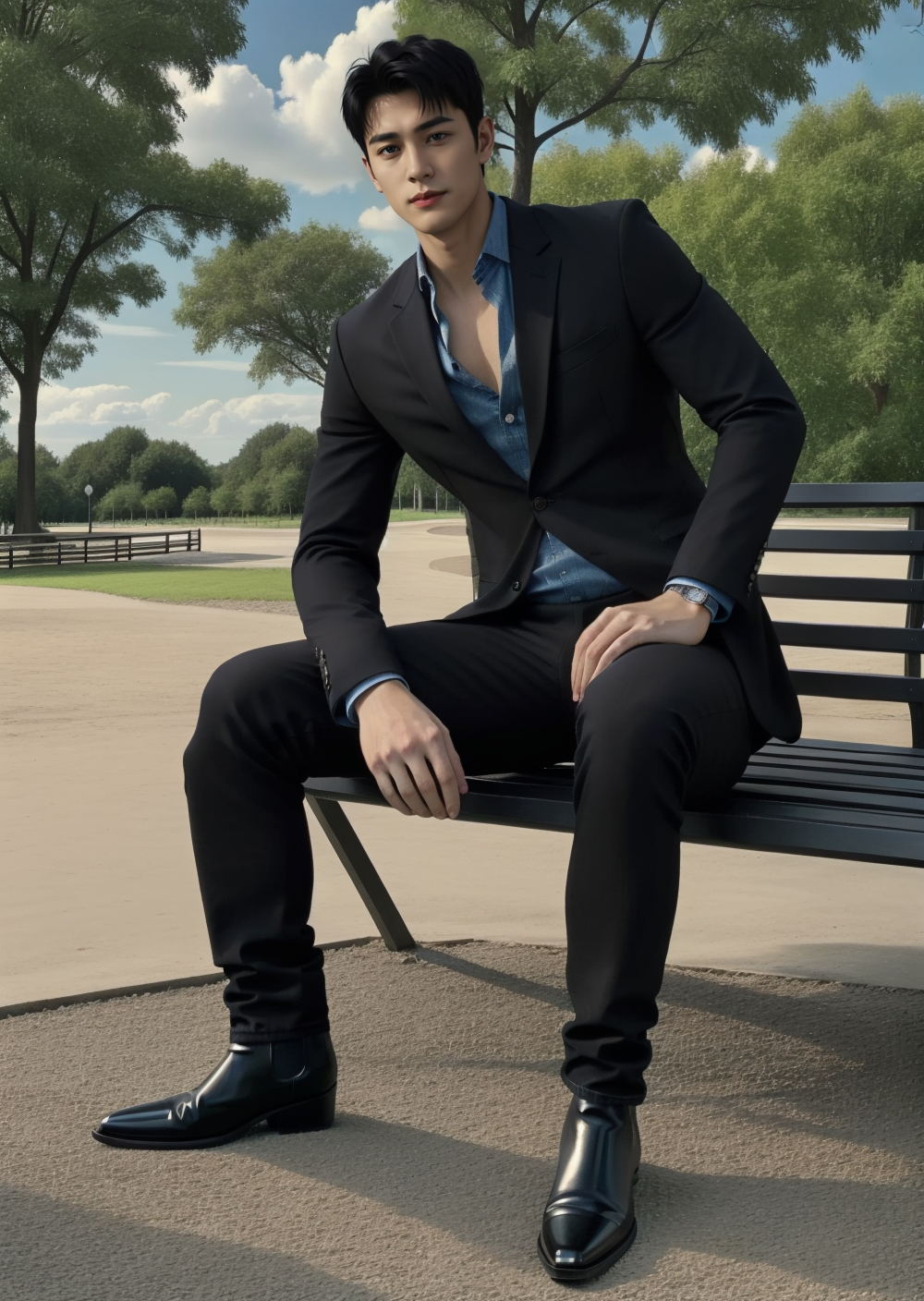 04685-2657815775-one young man, (short black hair_1.3), outdoors, day, day time, sitting on a bench, (in a park_1.3),_(wearing suit,unbuttoned bl.png